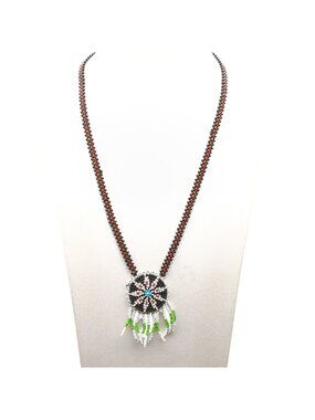 Vintage Handmade Beaded Necklace With Round Medallion Pendant & Fringe Design